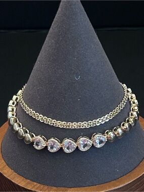 BAD Elegant Gold-Tone Heart Row Crystal and Chain Bracelet Set of (2) Two